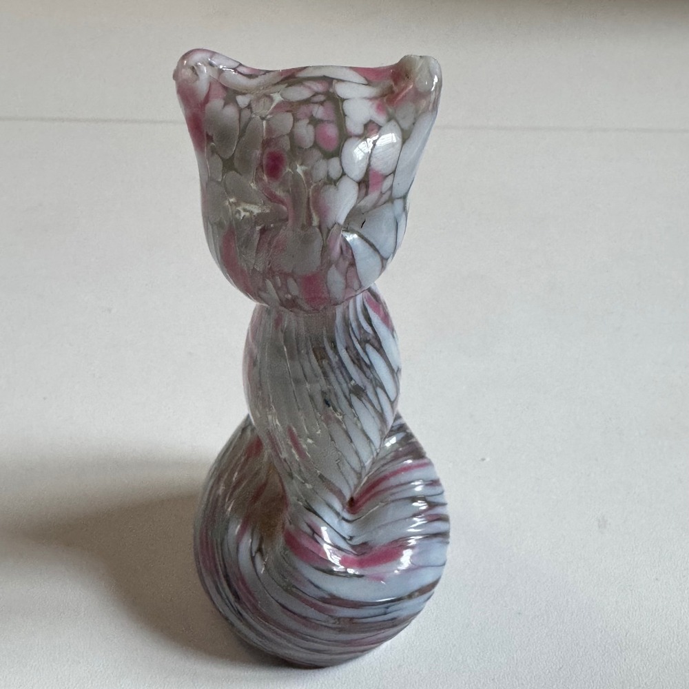 Vintage Art Glass Cat Figurine Pink White Grey Swirl Murano style art deco 3.25"